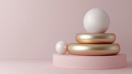 Minimalist 3D render of gold and white spheres on pink podiums.