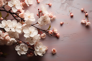 A smooth, light beige surface with scattered petals from cherry blossoms in the lower-left corner