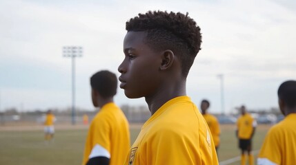 Teenagers in yellow jerseys play soccer outdoors on a clear day, reflecting teamwork and energy.