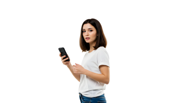 Portrait of Gorgeous Smiling Female Using Mobile Phone on white transparent bakground, png