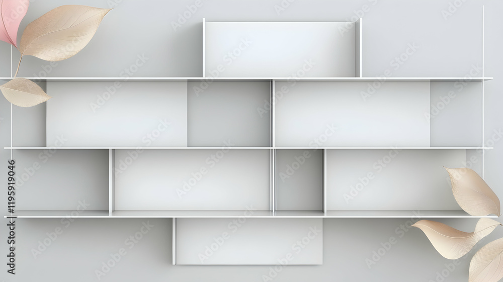 Poster minimalist empty shelf unit with leaves, grey background; product display, website mockup