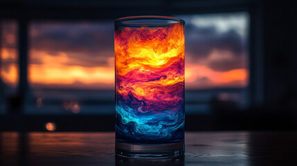 A glass half-filled with colored liquid blending into clear water, symbolizing mixed emotions, with caption space on the side and blurred chaotic background


