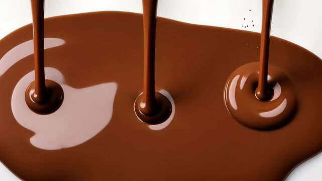 Chocolate ganache flows steadily from a spoon into a puddle on a white surface, showcasing rich texture and color