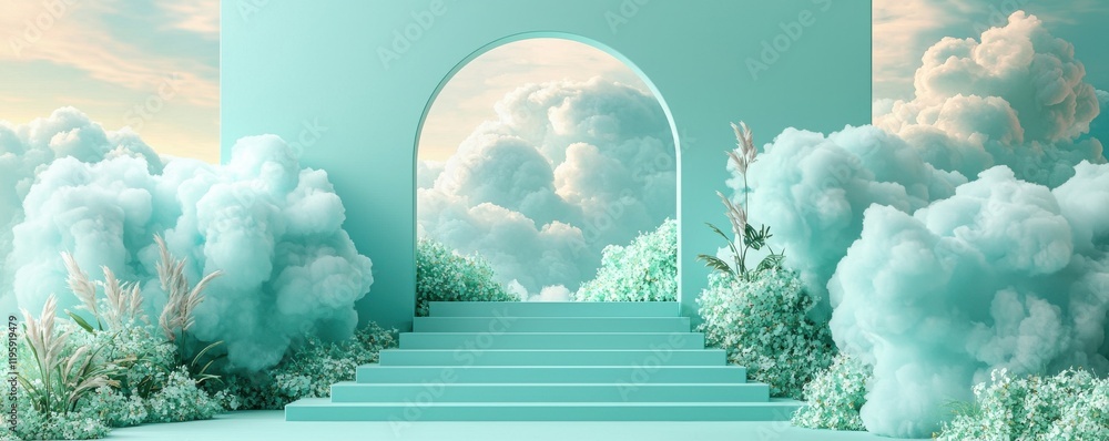 Poster dreamlike pastel setting with floating clouds and archways