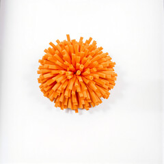 A fluffy, vibrant orange pom pom with a soft texture, isolated on a solid white background.