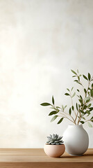 Minimalist home decor succulents and olive branch in vases on wooden table against textured wall; ideal for blogs, websites, and home decor advertisements