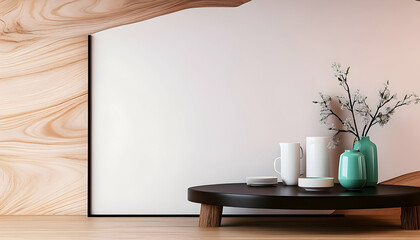 Minimalist home decor; wooden wall, table, vases, and mugs; peaceful background; ideal for interior design blogs