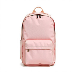 A rectangular, soft pink backpack with a minimalist design, standing upright on white.