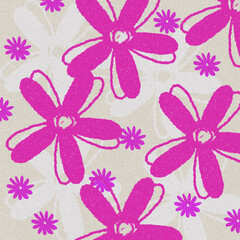 Hand-drawn floral pattern with vivid pink flowers and small accent blossoms on a beige textured background, ideal for playful fabric and modern decorative design.
