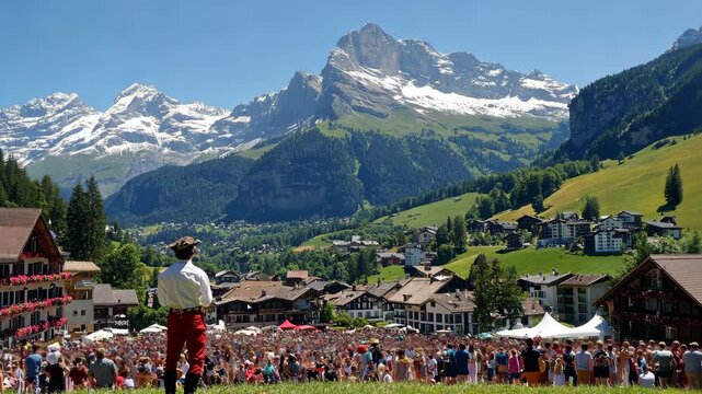 Celebration of culture and music in a vibrant festival amidst majestic mountains and a large crowd in Switzerland