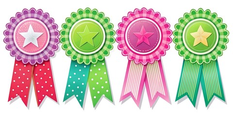 Colorful award ribbons in various styles representing achievement and recognition at a celebration event