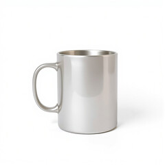A sleek, plain silver coffee mug with a smooth handle, isolated on a bright white background.