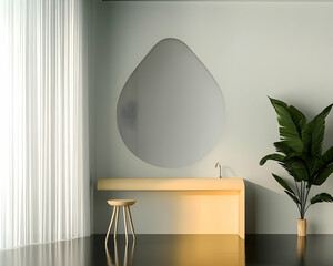 Minimalist interior design;  light wood vanity, plant, window;  calm background for home decor