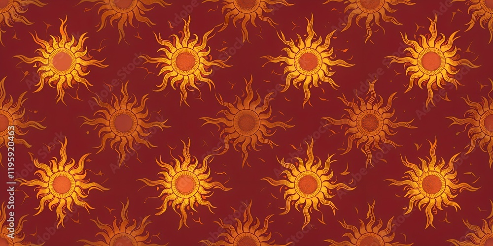 Poster bright sun patterns on a rich burgundy background create a vibrant and warm atmosphere suitable for 