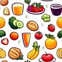 Seamless pattern featuring a variety of colorful fruits, vegetables, and beverages arranged on a white background