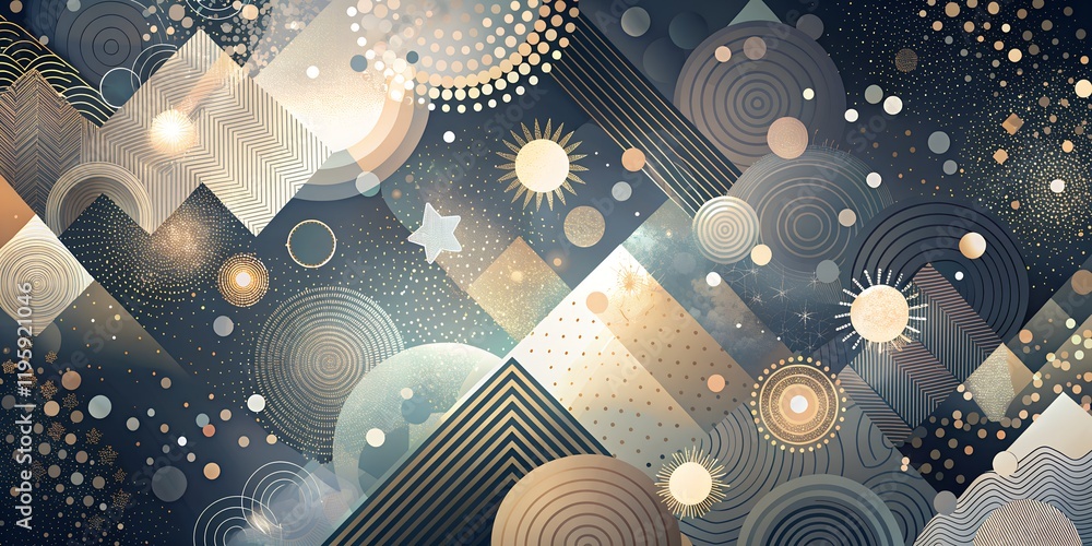 Poster colorful abstract design featuring geometric shapes and celestial elements in a harmonious arrangeme