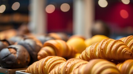 pastry and bread display in a bakery, space for  copy