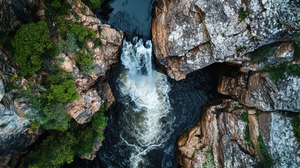 Daylight waterfall between rocky cliffs