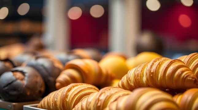 pastry and bread display in a bakery, space for  copy