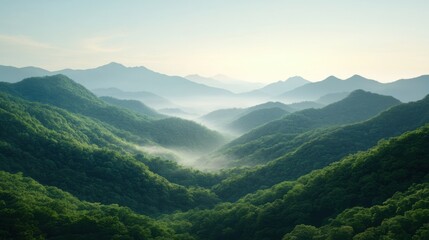 Fototapeta premium A breathtaking sunrise over lush green mountains, unveiling misty valleys under a serene morning sky, creating a tranquil and uplifting atmosphere.