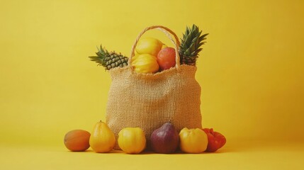 Vibrant Fruit in Jute Bag on Yellow Background