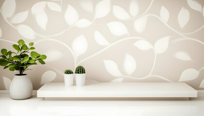 Minimalist interior shelf with plants, leaf patterned wall, empty display space. Ideal for product display or home decor websites