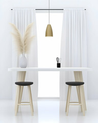 Minimalist kitchen interior design with white table, stools, pampas grass, and pendant light.  Perfect for blogs, home decor websites, or real estate listings