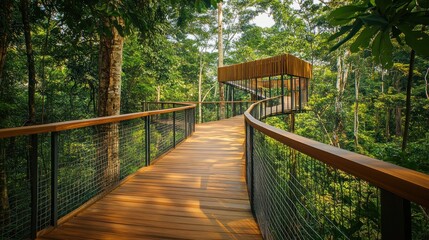 Obraz premium Elevated Wooden Walkway Through Lush Forest