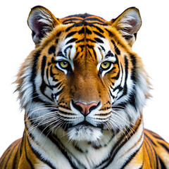 Naklejka premium Majestic tiger with striking stripes and piercing eyes gazing intently into the distance in a natural setting during daylight hours PNG transparent