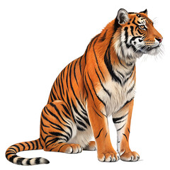 Obraz premium Majestic tiger sitting gracefully, showcasing its vivid orange fur and striking black stripes in a natural setting PNG transparent