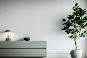 Minimalist living room interior design, featuring a sage green dresser, a fiddle leaf fig plant, and a lamp, against a white wall; perfect for home decor websites