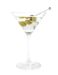 Martini cocktail with olives in glass isolated on white
