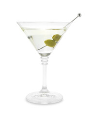 Martini cocktail with olives in glass isolated on white