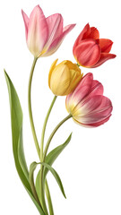 Fototapeta premium Colorful tulips arranged beautifully with vibrant petals in shades of pink, red, and yellow, showcasing springtime bloom and freshness PNG transparent