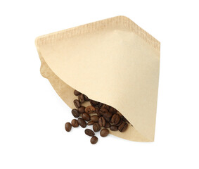 Paper coffee filter and beans isolated on white, top view
