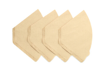Paper coffee filters isolated on white, top view