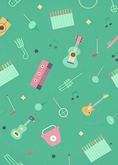 Colorful pattern featuring various musical instruments and notes on a green background showcasing the joy of music