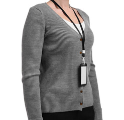 Woman with blank badge on white background, closeup