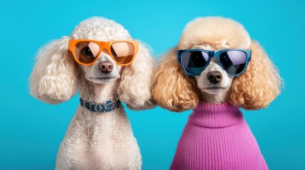 Two adorable poodles wearing stylish sunglasses pose against a bright blue background, exuding charm and liveliness with their vibrant accessories.