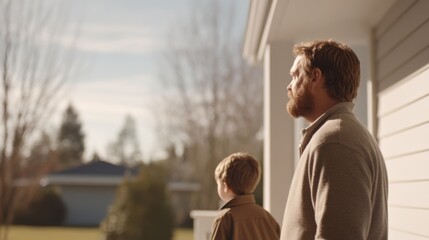 Fototapeta premium A father and son gaze thoughtfully into the distance while standing on a porch, bathed in warm sunlight on a clear day.