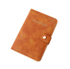 Passport in brown cover isolated on white, top view