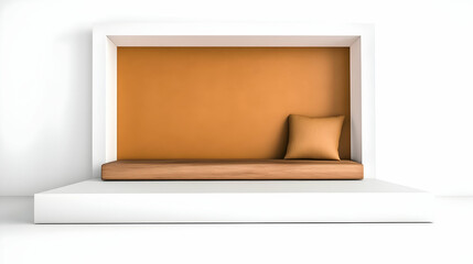 Minimalist orange built-in seat in modern room; interior design concept for website or magazine
