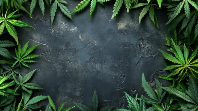 Lush green cannabis leaves framing a textured dark background in a natural setting