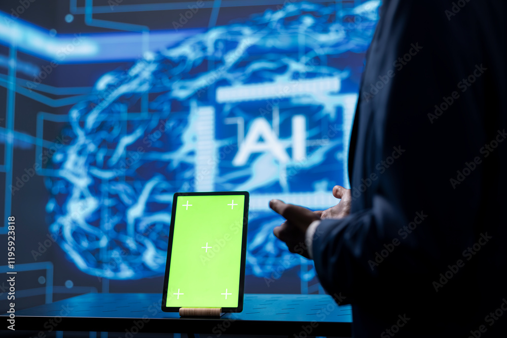 Poster developer analyzing complex ai brain models on green screen tablet. it specialist using machine lear