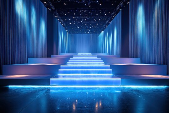 Modern fashion runway in illuminated blue setting with futuristic arch design