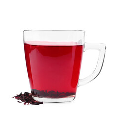 Delicious hibiscus tea in glass cup and dry roselle sepals isolated on white