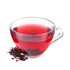 Delicious hibiscus tea in glass cup and dry roselle sepals isolated on white