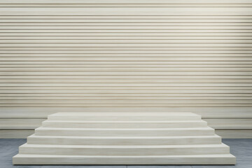 Minimalist product display five-step beige platform against a light-striped wall, perfect for showcasing goods