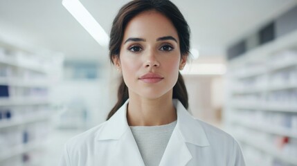 Fototapeta premium A portrait photo features a confident female doctor in a white coat, set against a bright, clinical background. The atmosphere is professional and composed.
