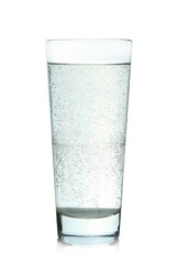 Refreshing soda water in glass on mirror surface isolated on white